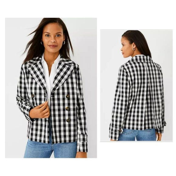 Ann Taylor Black and White Gingham Double Breasted Swing Jacket Size S NWT - Picture 1 of 8